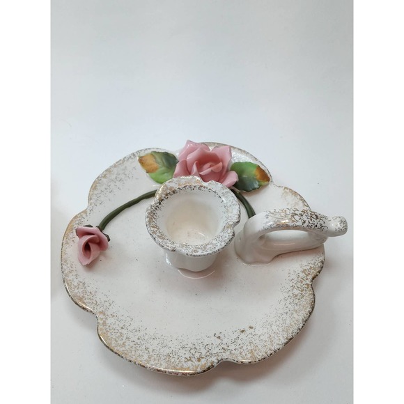 Lefton Pink Rose Chamberstick Candle Holders Gold Sponged Accent Set of 2 Japan - Picture 7 of 9